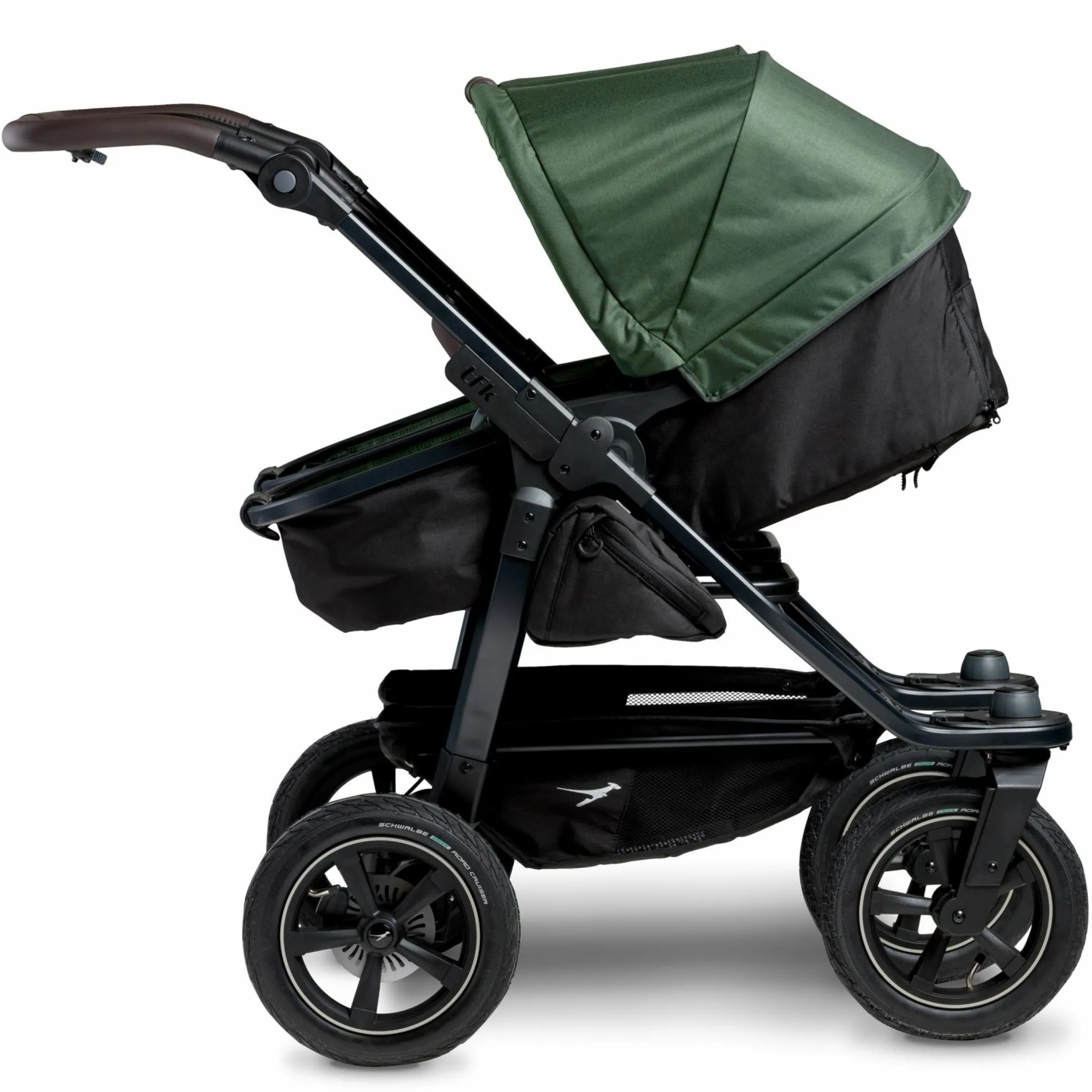 Geschwister- & Zwillingskinderwagen Duo 2 mit Luftreifen - 2x Kombi-Einheit (Wanne+Sitz) mit Liegeposition & XXL Zamboo Zubehör - Olive - Kollektion 2025