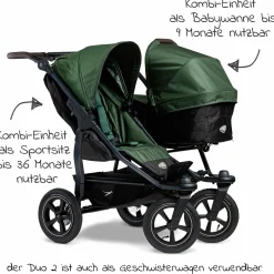 Geschwister- & Zwillingskinderwagen Duo 2 mit Luftreifen - 2x Kombi-Einheit (Wanne+Sitz) mit Liegeposition & XXL Zamboo Zubehör - Olive - Kollektion 2025