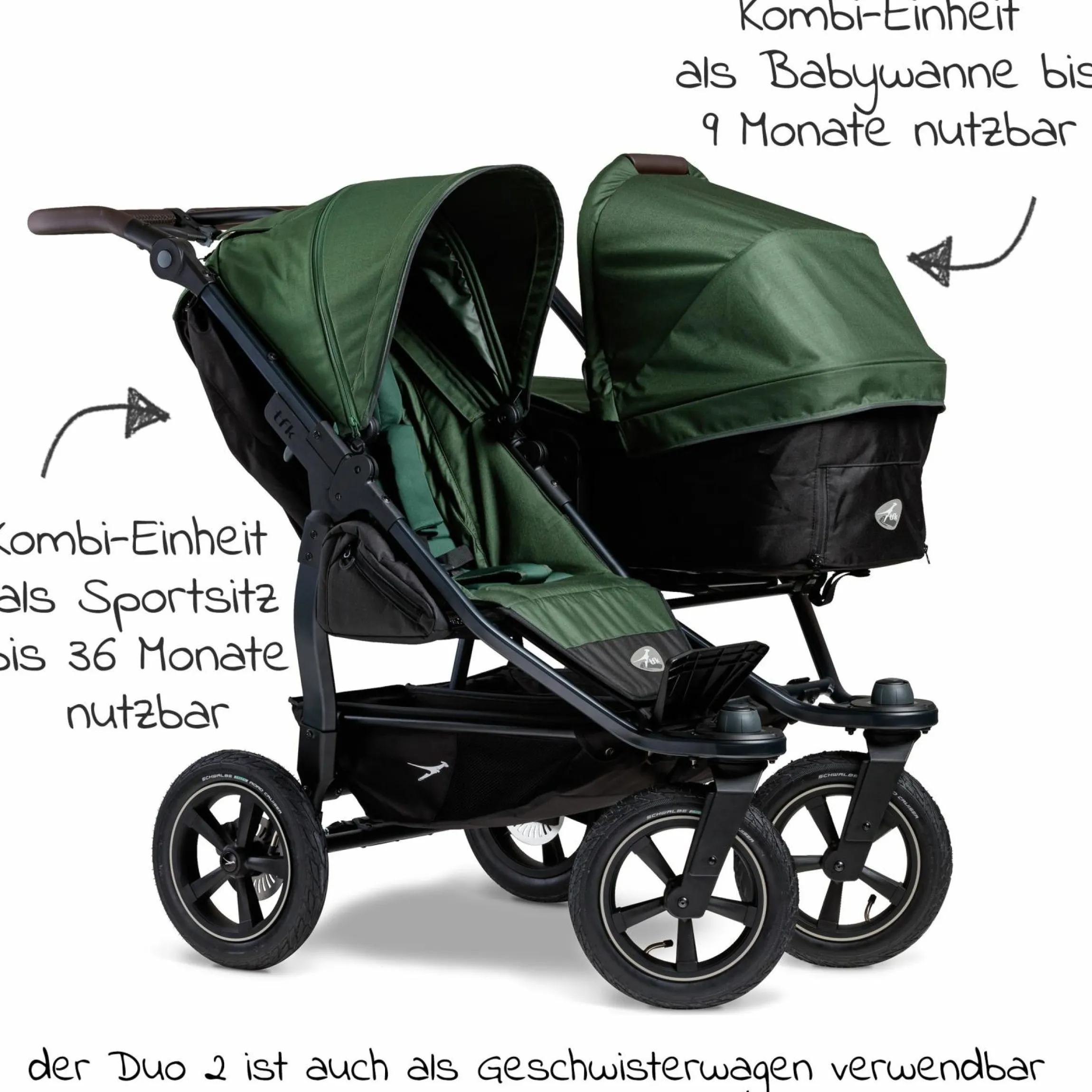 Geschwister- & Zwillingskinderwagen Duo 2 mit Luftreifen - 2x Kombi-Einheit (Wanne+Sitz) mit Liegeposition & XXL Zamboo Zubehör - Olive - Kollektion 2025