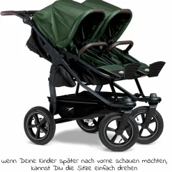 Geschwister- & Zwillingskinderwagen Duo 2 mit Luftreifen - 2x Kombi-Einheit (Wanne+Sitz) mit Liegeposition & XXL Zamboo Zubehör - Olive - Kollektion 2025