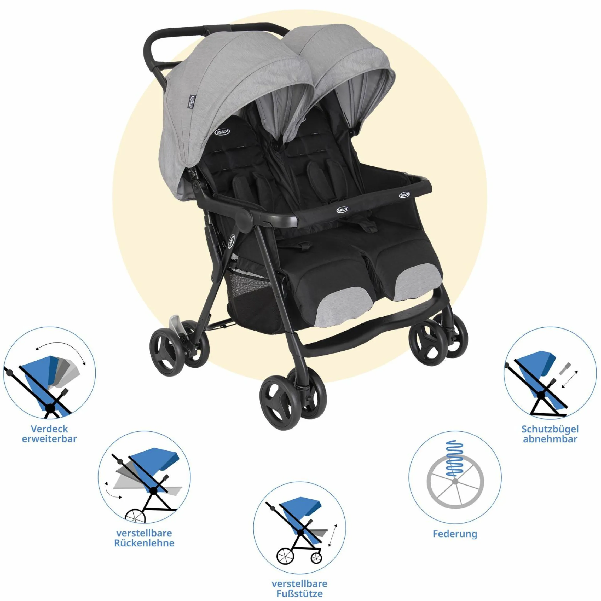 Geschwister- & Zwillingswagen DuoRider nur 12,1 kg Eigengewicht mit Liegeposition inkl. Regenschutz - Steeple Gray - Kollektion 2025