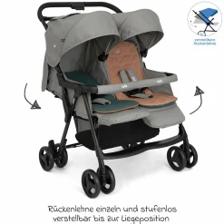 Geschwister- & Zwillingswagen Aire Twin mit Liegeposition inkl. Regenschutz & Wendesitzauflage - Pebble - Kollektion 2025