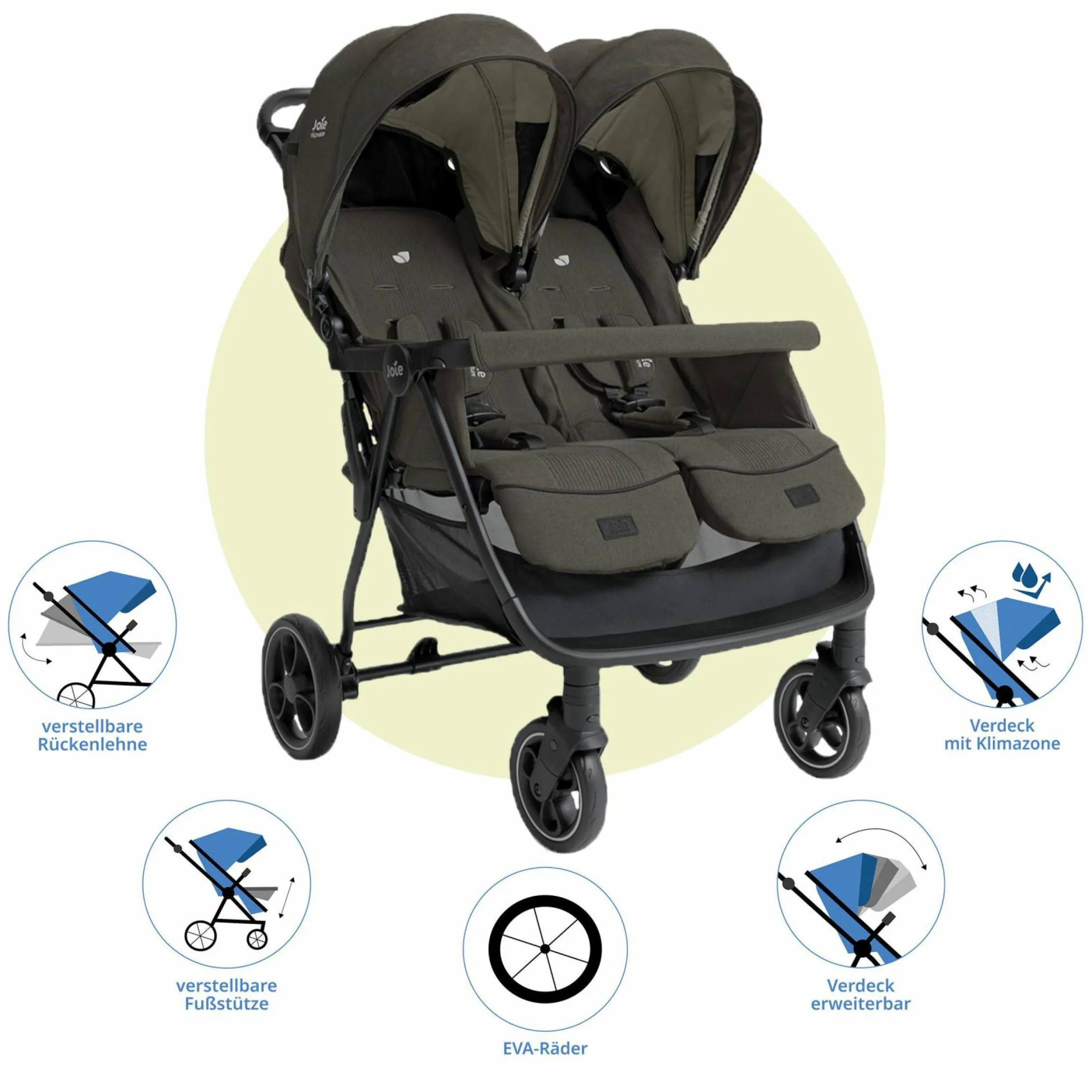 Geschwister- & Zwillingswagen Estrella bis 22 kg (je Sitz) inkl. Regenverdeck - Signature - Evergreen