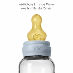 Glas-Flasche Baby Bottle Round 240 ml + Latex-Trinksauger mittlerer Nahrungsfluss - Baby Blue