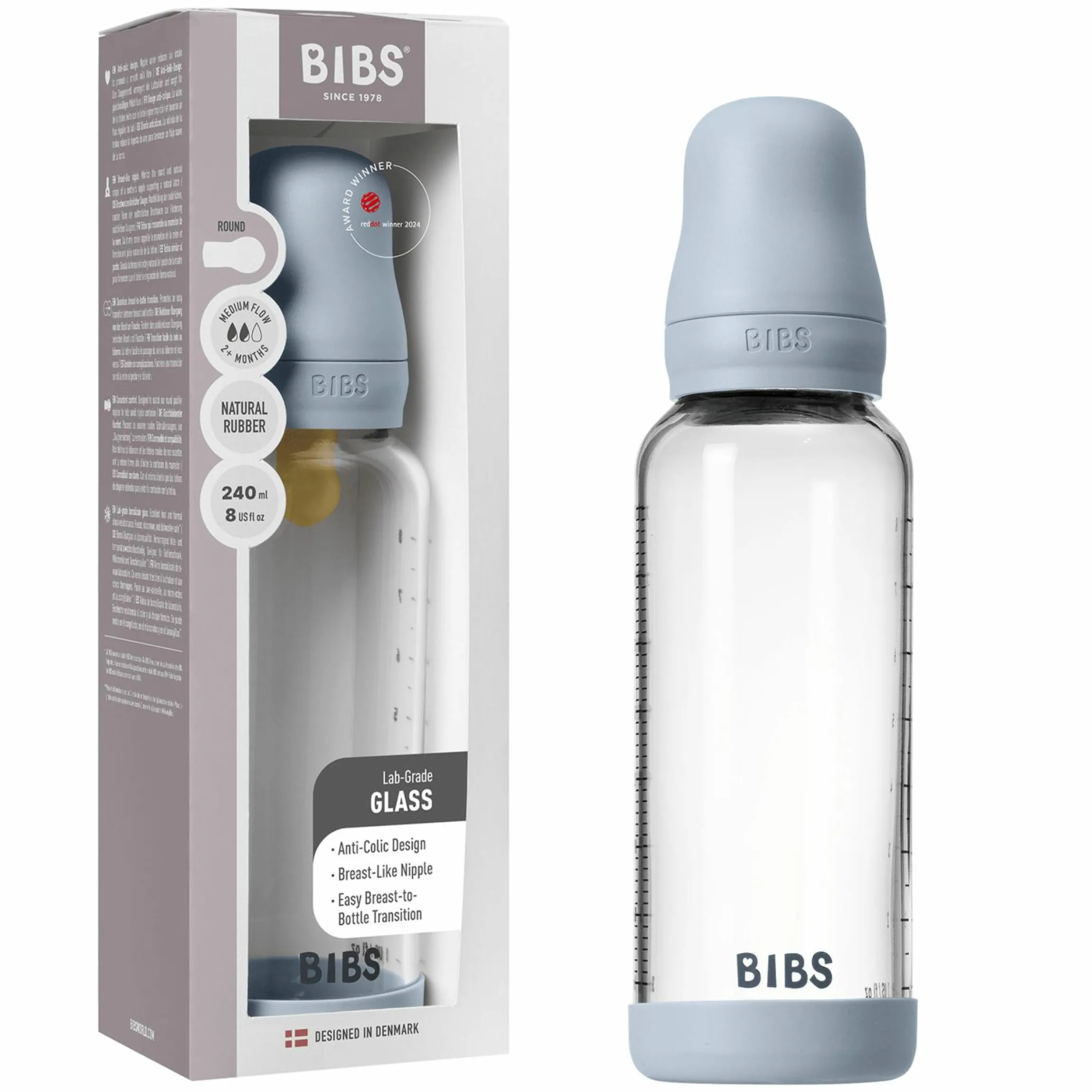 Glas-Flasche Baby Bottle Round 240 ml + Latex-Trinksauger mittlerer Nahrungsfluss - Baby Blue