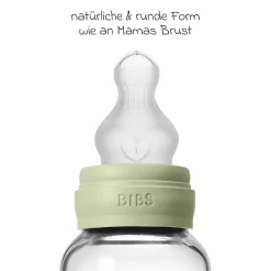 Glas-Flasche Baby Bottle Round 120 ml + Silikon-Trinksauger langsamer Nahrungsfluss - Sage