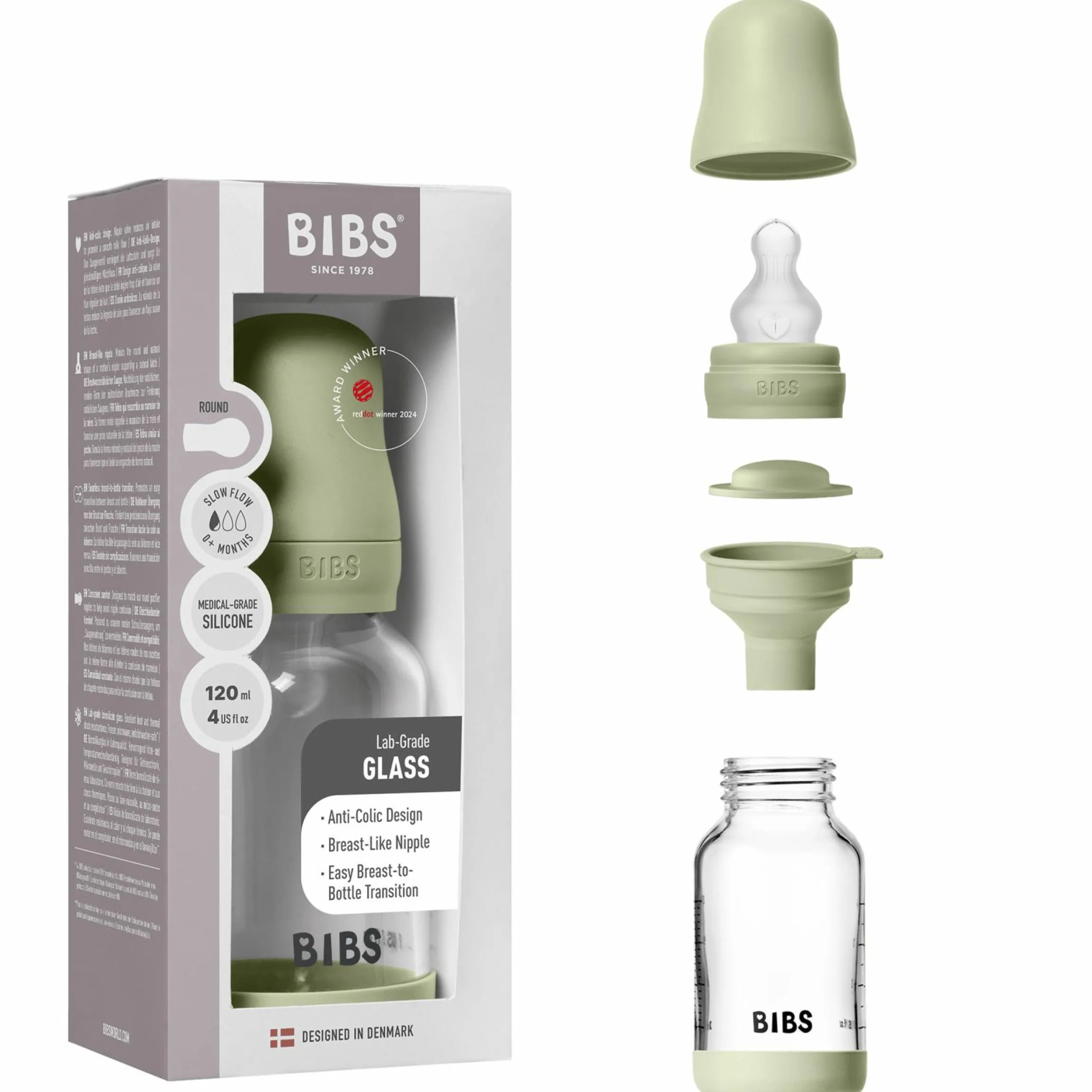 Glas-Flasche Baby Bottle Round 120 ml + Silikon-Trinksauger langsamer Nahrungsfluss - Sage