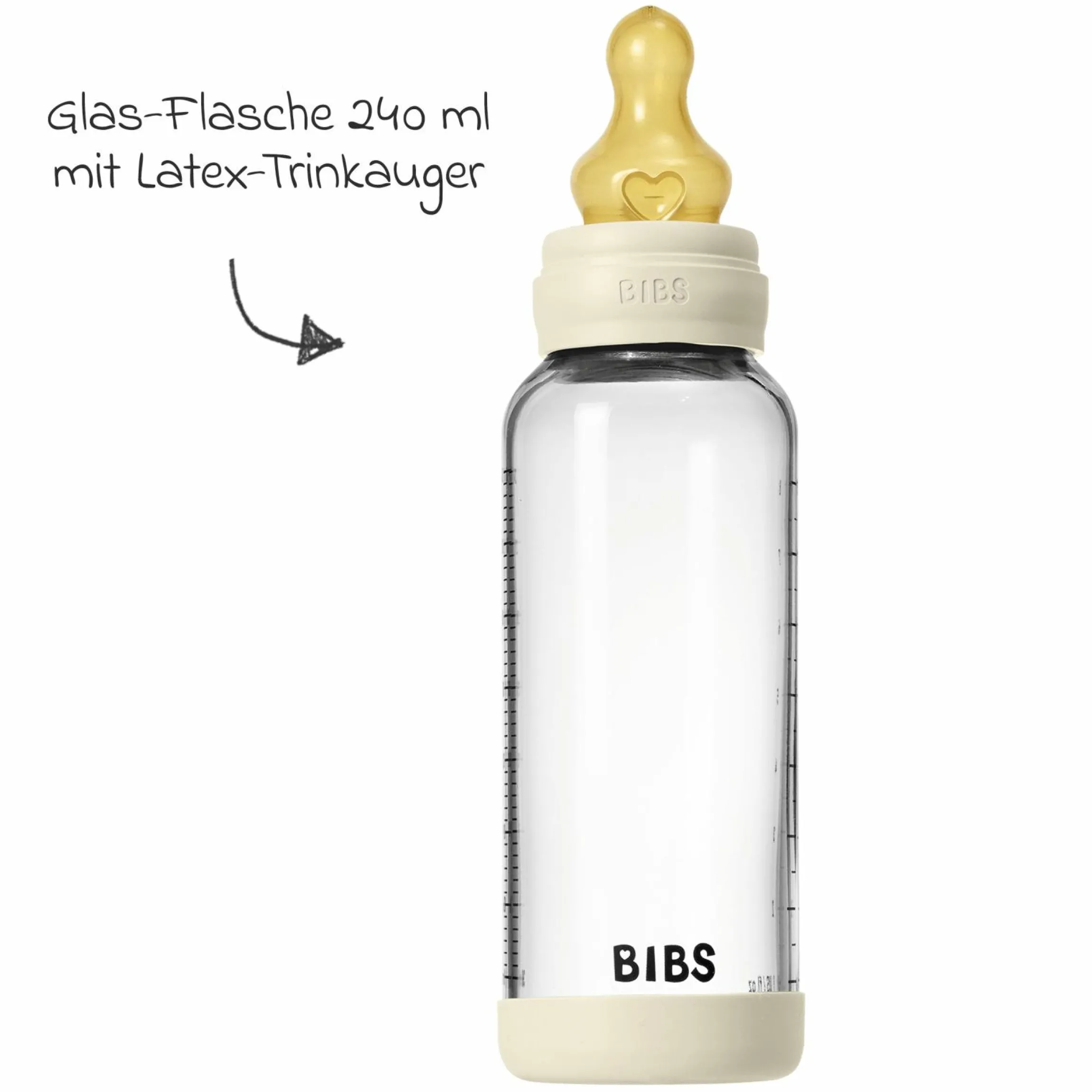 Glas-Flasche Baby Bottle Round 240 ml + Latex-Trinksauger mittlerer Nahrungsfluss - Ivory
