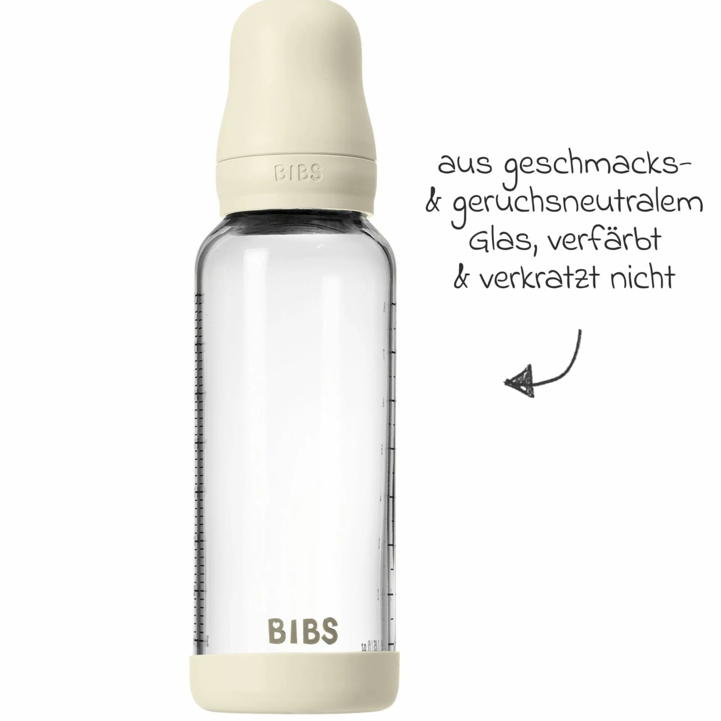 Glas-Flasche Baby Bottle Round 240 ml + Latex-Trinksauger mittlerer Nahrungsfluss - Ivory