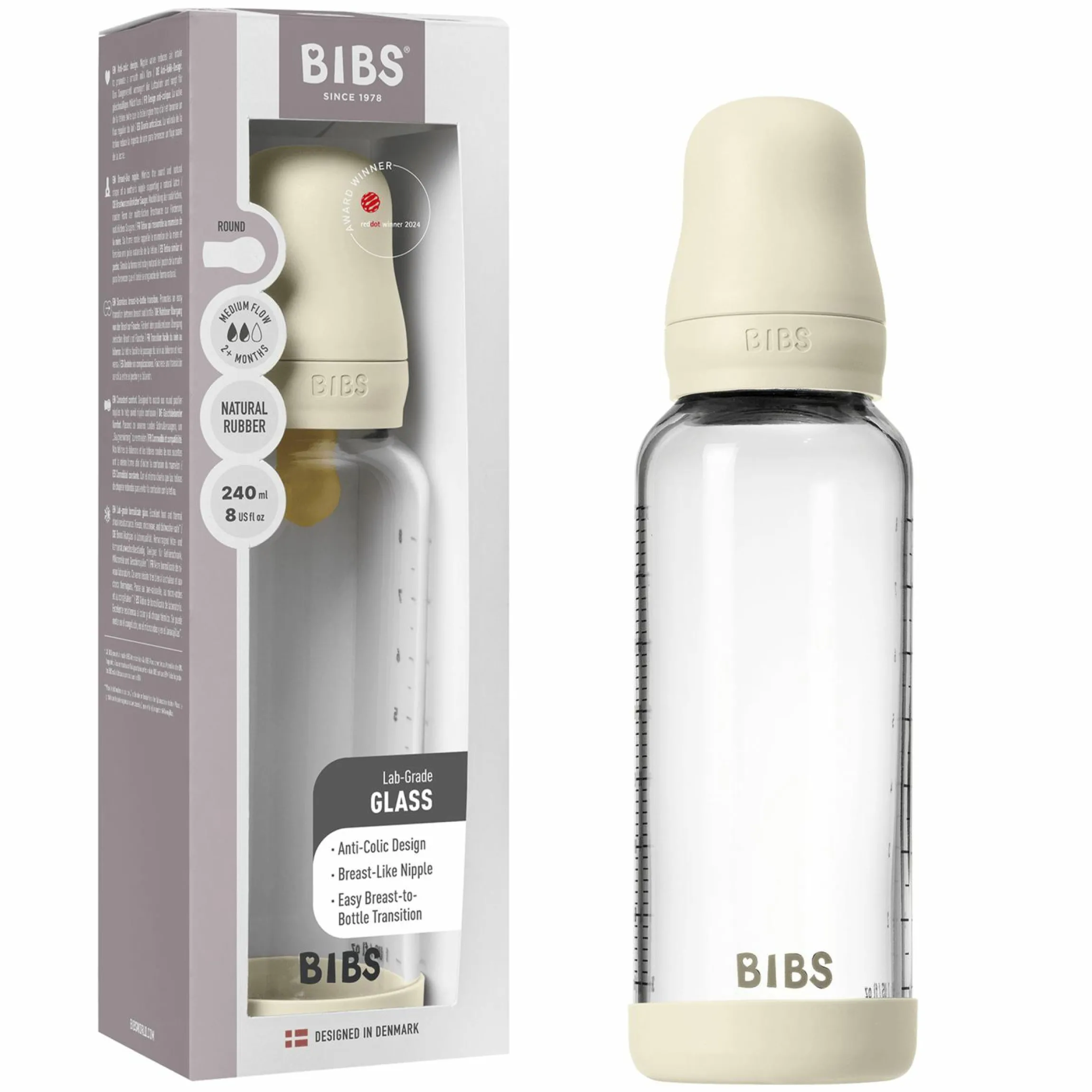 Glas-Flasche Baby Bottle Round 240 ml + Latex-Trinksauger mittlerer Nahrungsfluss - Ivory