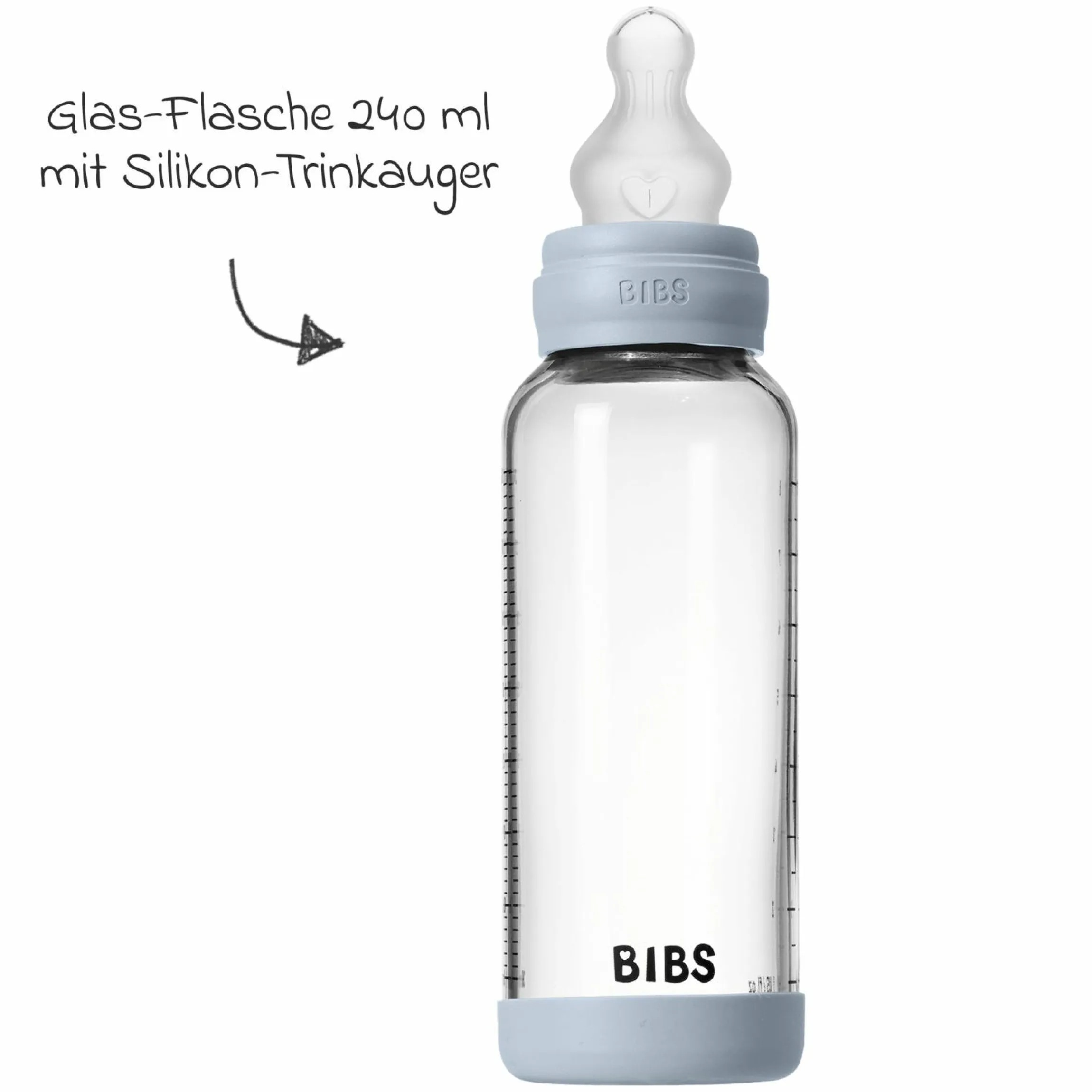 Glas-Flasche Baby Bottle Round 240 ml + Silikon-Trinksauger mittlerer Nahrungsfluss - Baby Blue