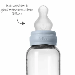 Glas-Flasche Baby Bottle Round 240 ml + Silikon-Trinksauger mittlerer Nahrungsfluss - Baby Blue