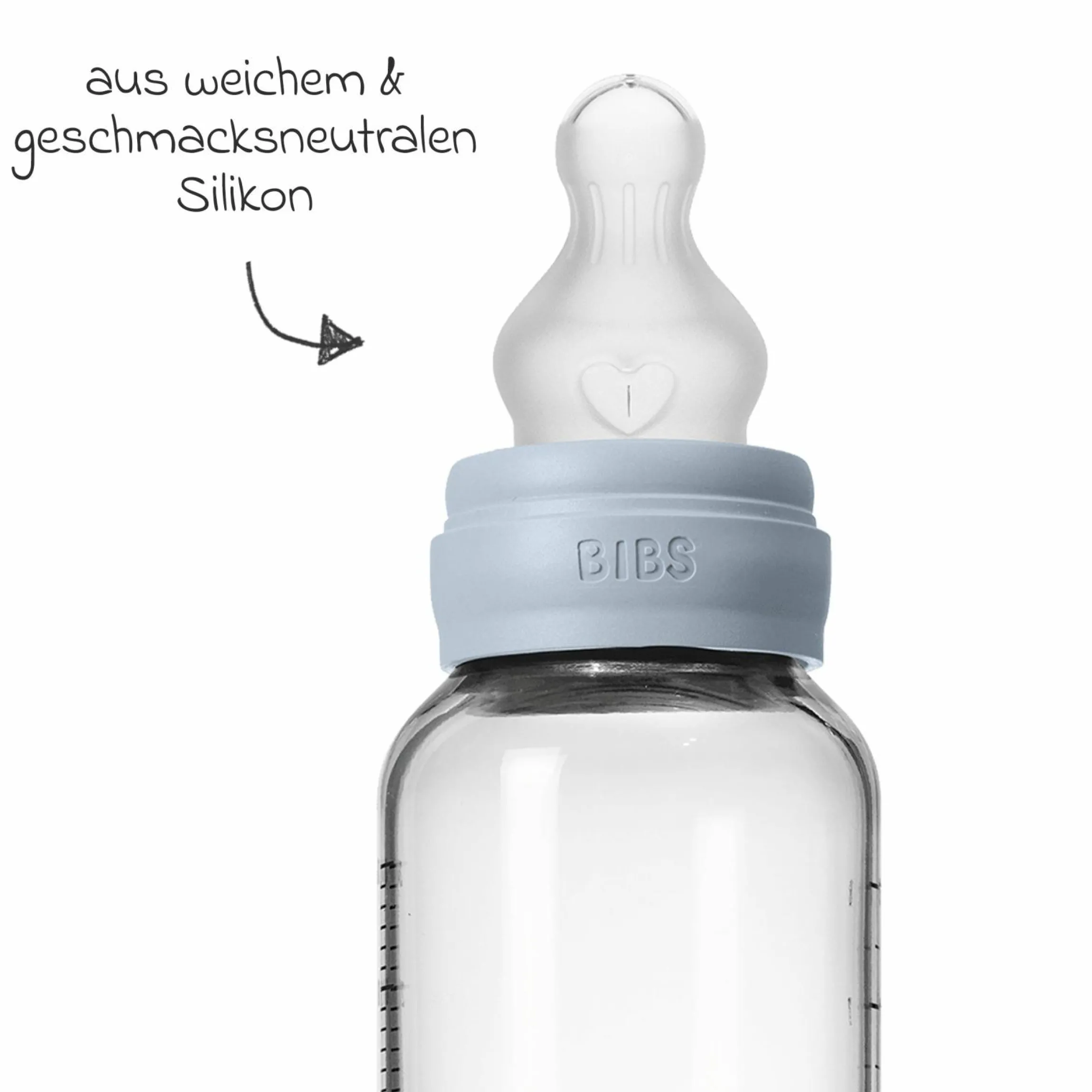 Glas-Flasche Baby Bottle Round 240 ml + Silikon-Trinksauger mittlerer Nahrungsfluss - Baby Blue