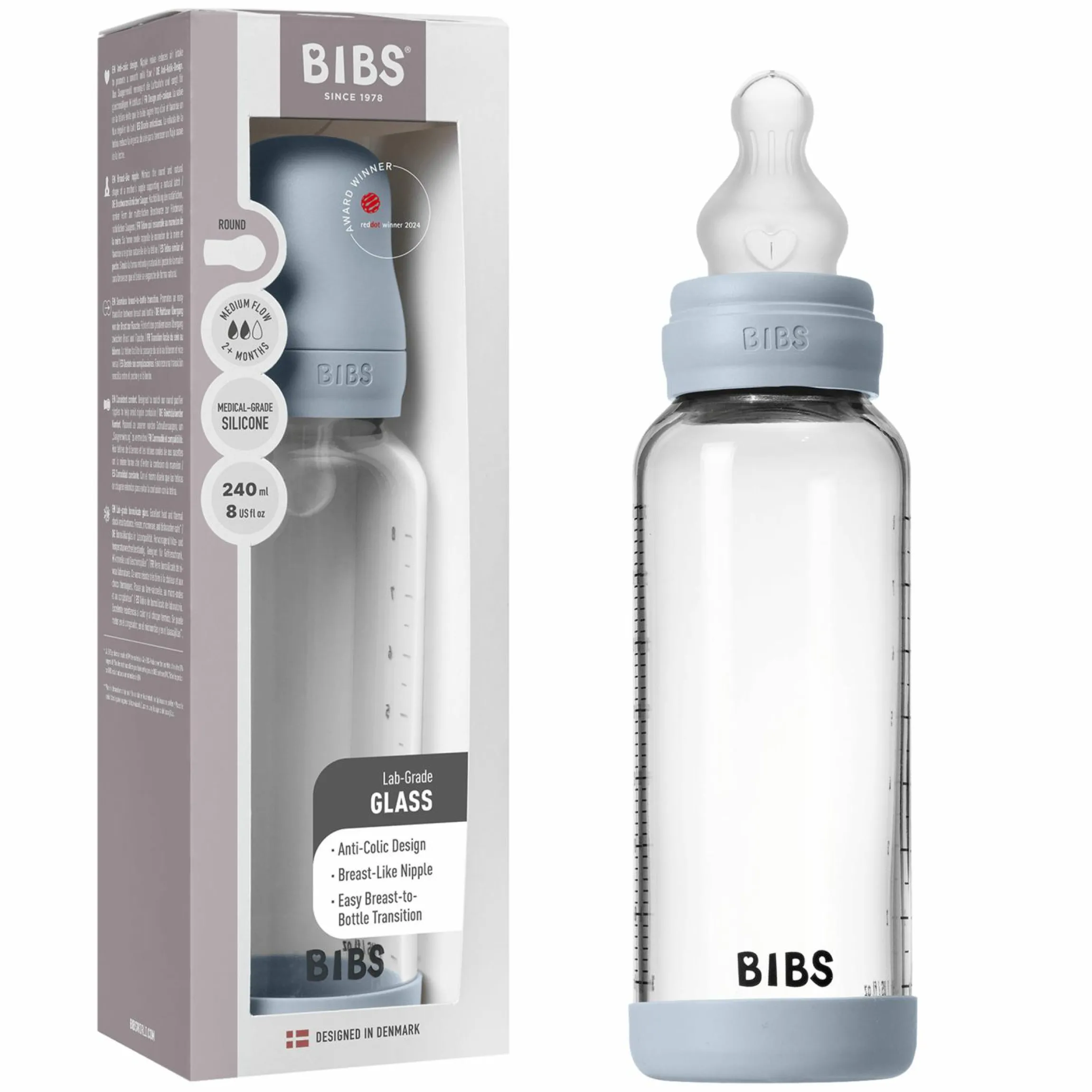 Glas-Flasche Baby Bottle Round 240 ml + Silikon-Trinksauger mittlerer Nahrungsfluss - Baby Blue
