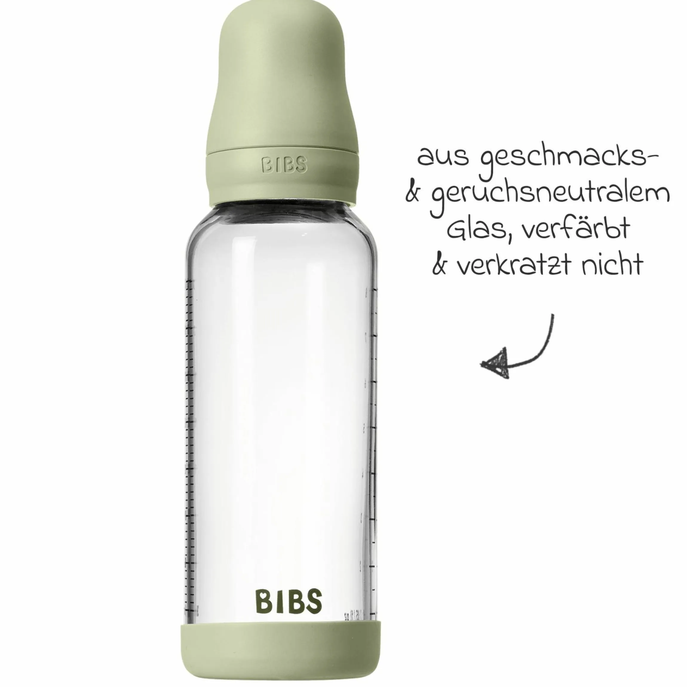 Glas-Flasche Baby Bottle Round 240 ml + Latex-Trinksauger mittlerer Nahrungsfluss - Sage