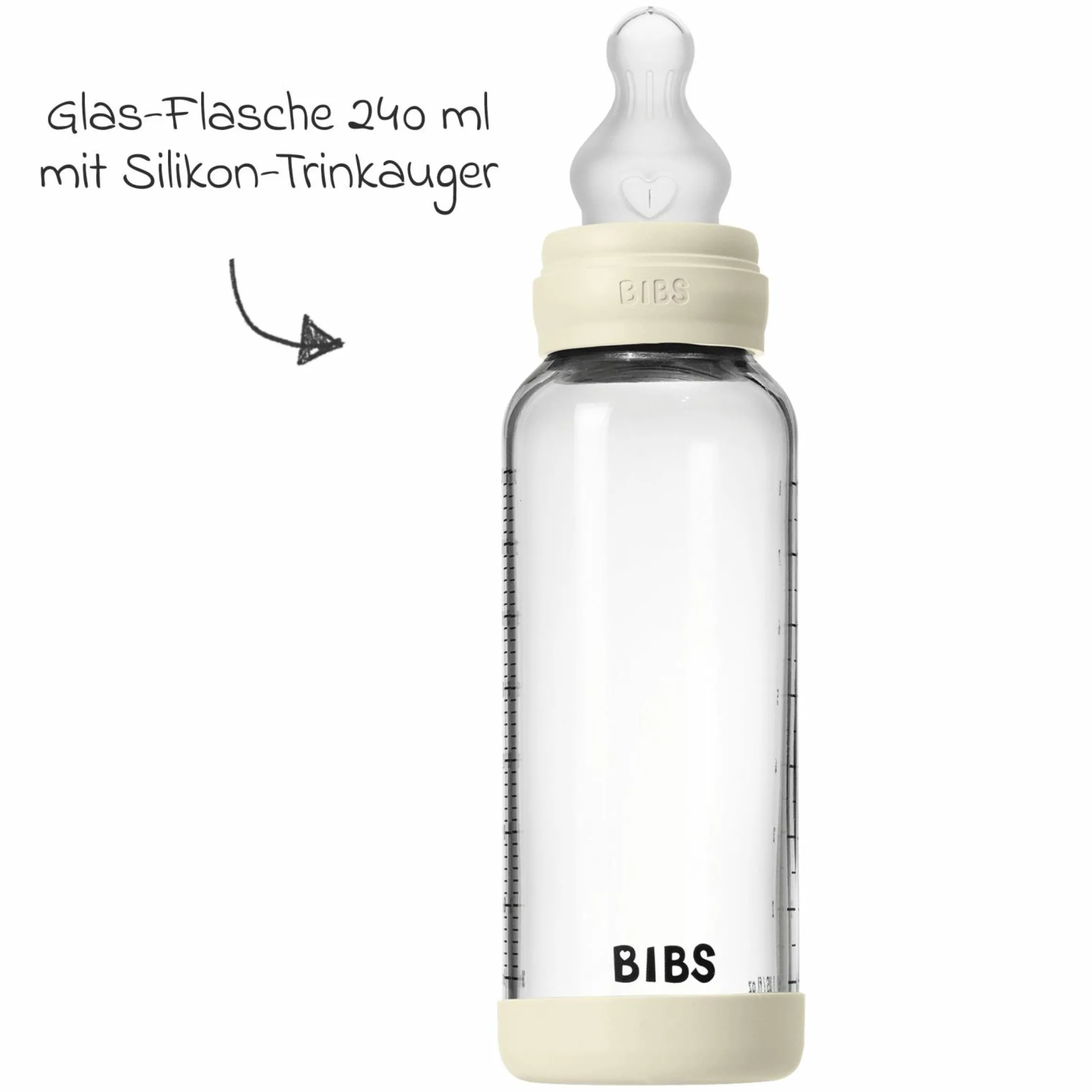 Glas-Flasche Baby Bottle Round 240 ml + Silikon-Trinksauger mittlerer Nahrungsfluss - Ivory