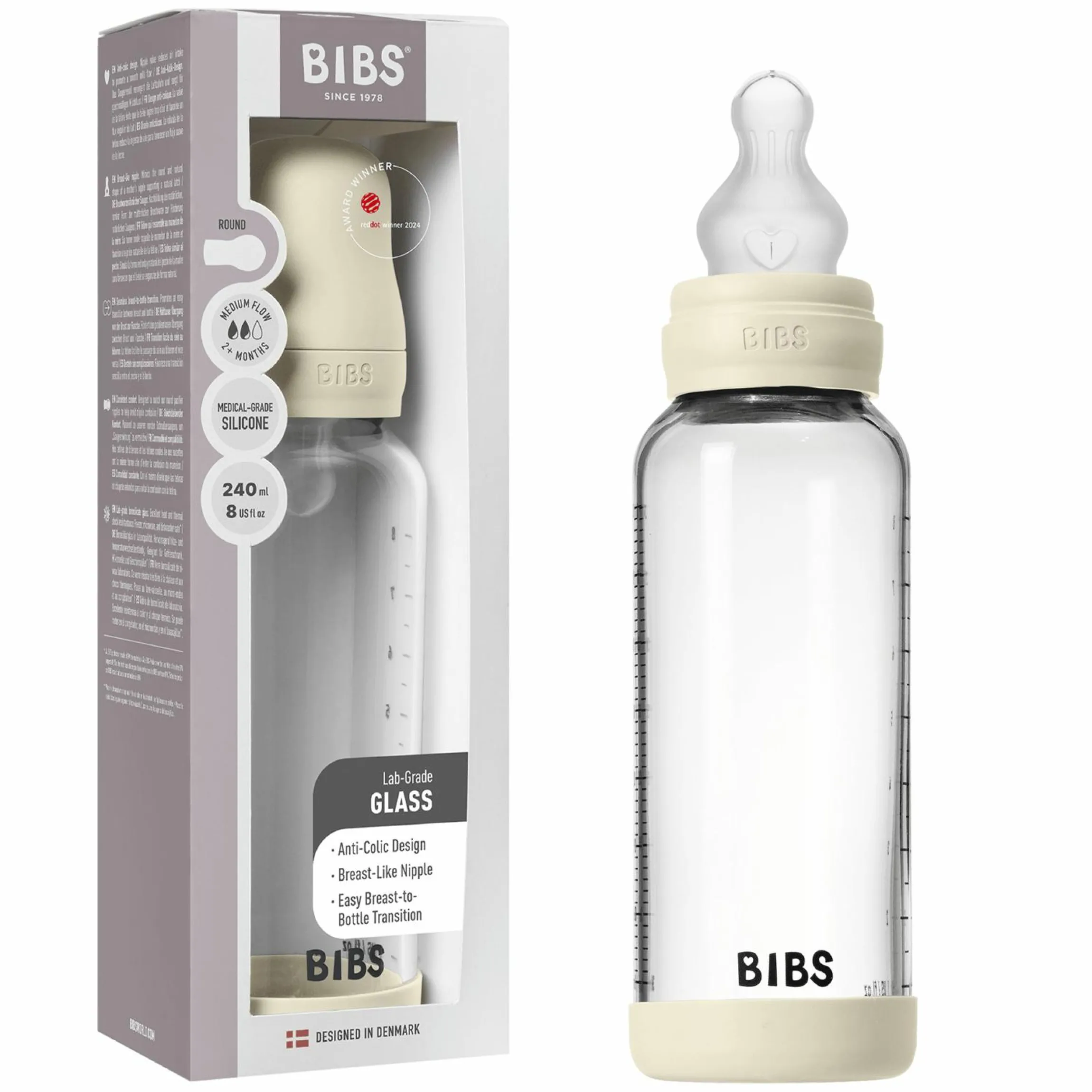 Glas-Flasche Baby Bottle Round 240 ml + Silikon-Trinksauger mittlerer Nahrungsfluss - Ivory