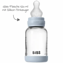 Glas-Flasche Baby Bottle Round 120 ml + Silikon-Trinksauger langsamer Nahrungsfluss - Baby Blue