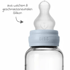 Glas-Flasche Baby Bottle Round 120 ml + Silikon-Trinksauger langsamer Nahrungsfluss - Baby Blue
