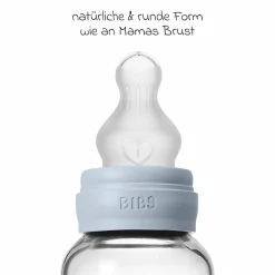 Glas-Flasche Baby Bottle Round 120 ml + Silikon-Trinksauger langsamer Nahrungsfluss - Baby Blue