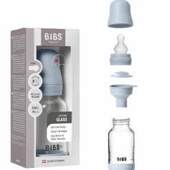 Glas-Flasche Baby Bottle Round 120 ml + Silikon-Trinksauger langsamer Nahrungsfluss - Baby Blue