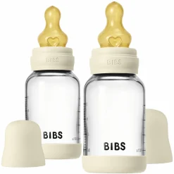 Glas-Flasche 2er Pack Baby Bottle Round 120 ml + Latex-Trinksauger - Ivory