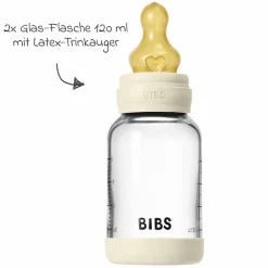 Glas-Flasche 2er Pack Baby Bottle Round 120 ml + Latex-Trinksauger - Ivory