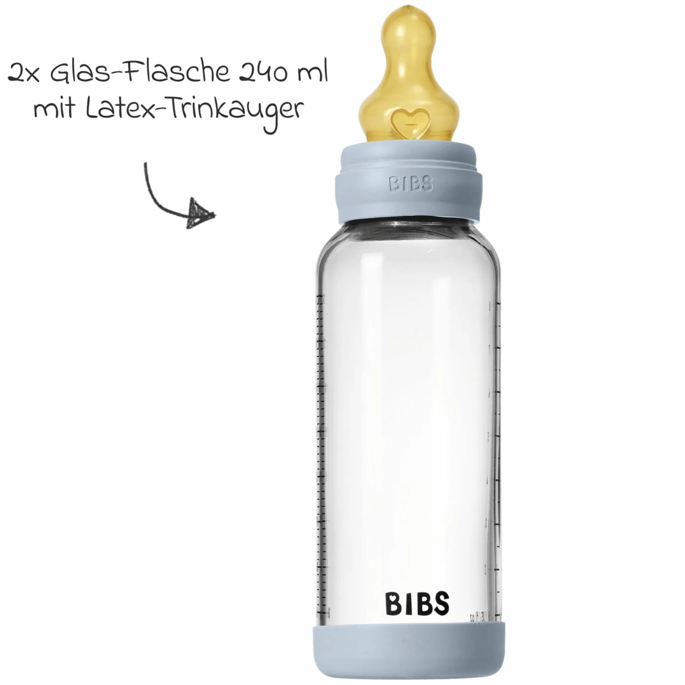 Glas-Flasche 2er Pack Baby Bottle Round 240 ml + Latex-Trinksauger - Baby Blue