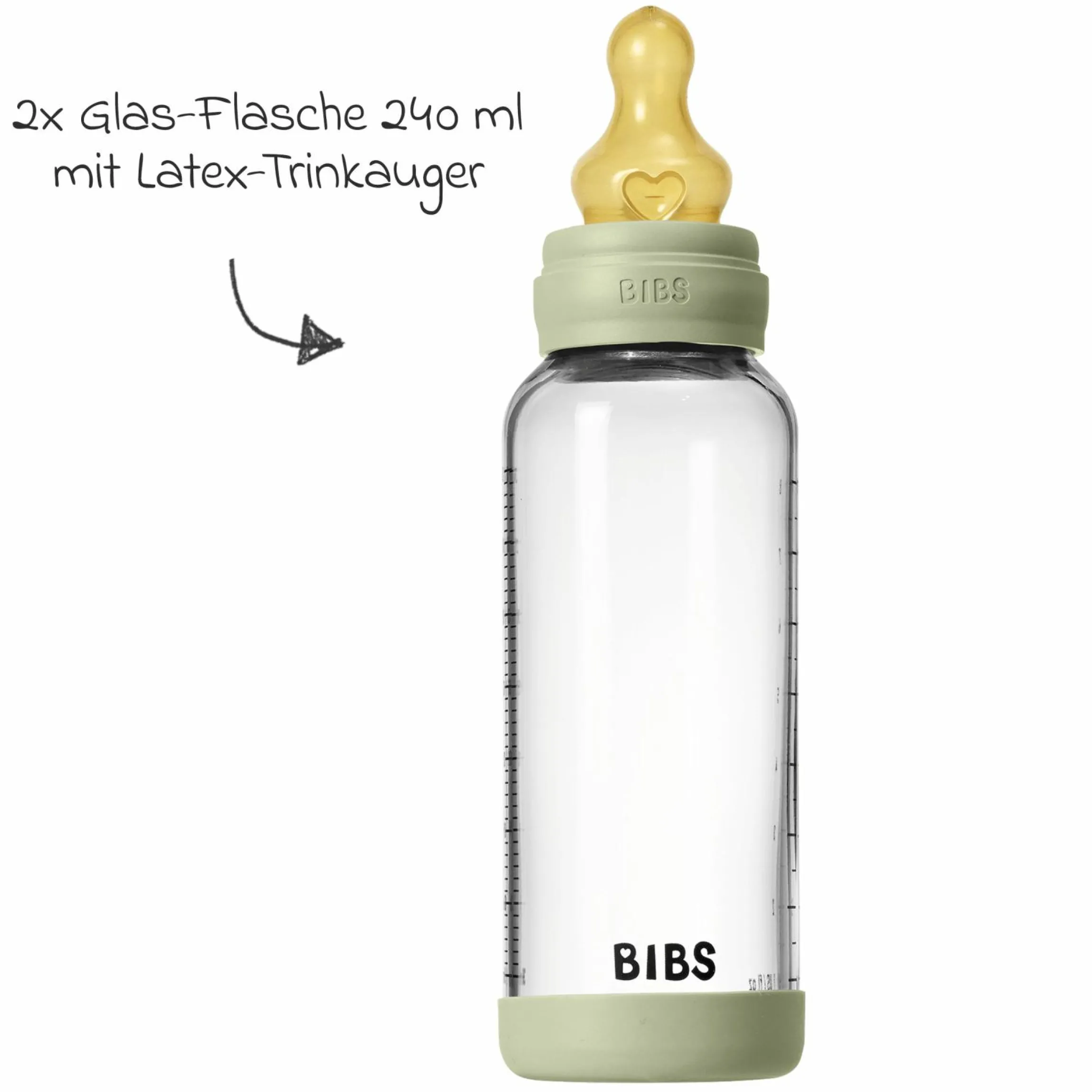 Glas-Flasche 2er Pack Baby Bottle Round 240 ml + Latex-Trinksauger - Sage