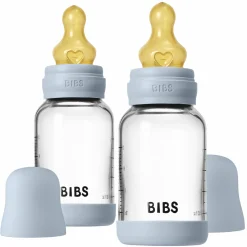Glas-Flasche 2er Pack Baby Bottle Round 120 ml + Latex-Trinksauger - Baby Blue