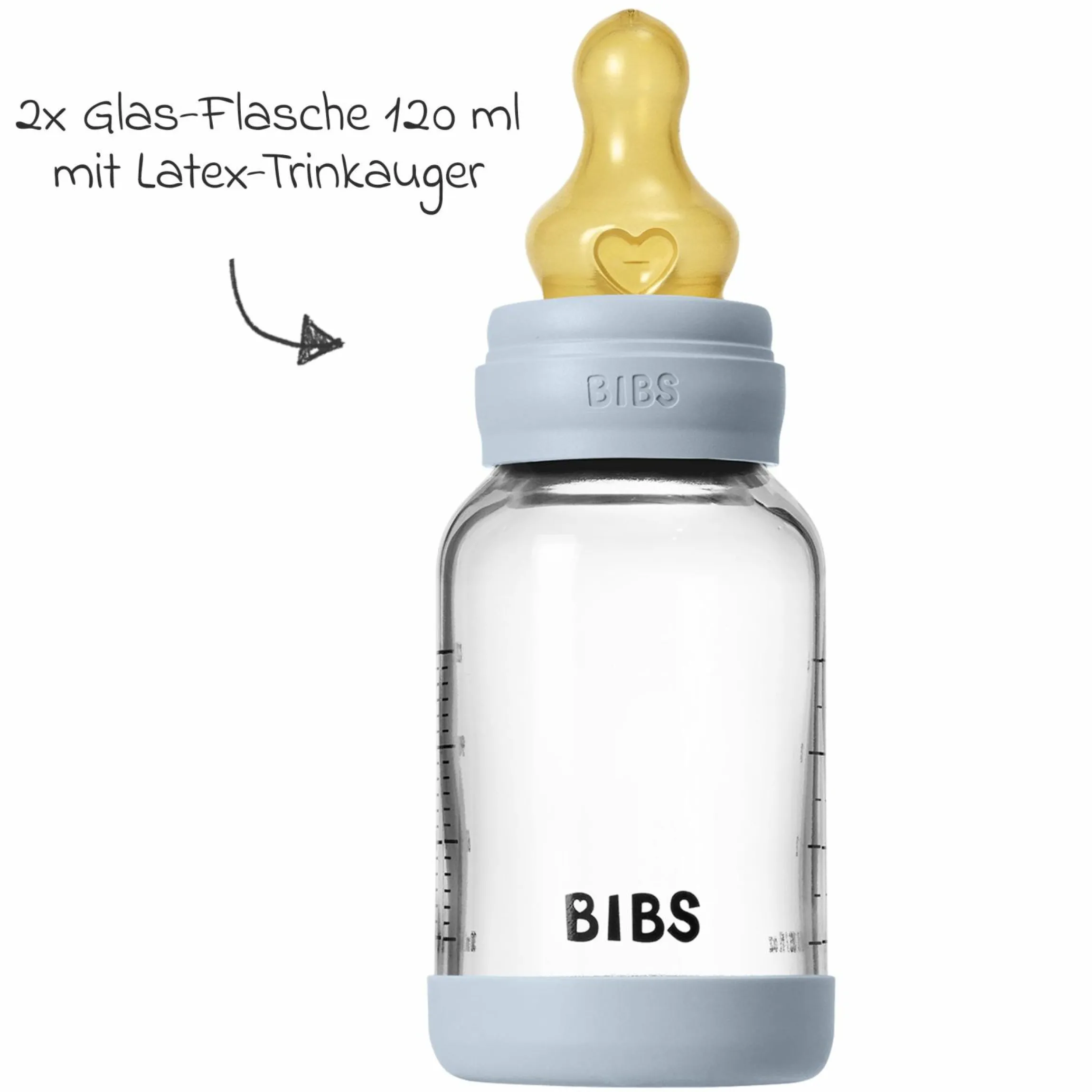 Glas-Flasche 2er Pack Baby Bottle Round 120 ml + Latex-Trinksauger - Baby Blue
