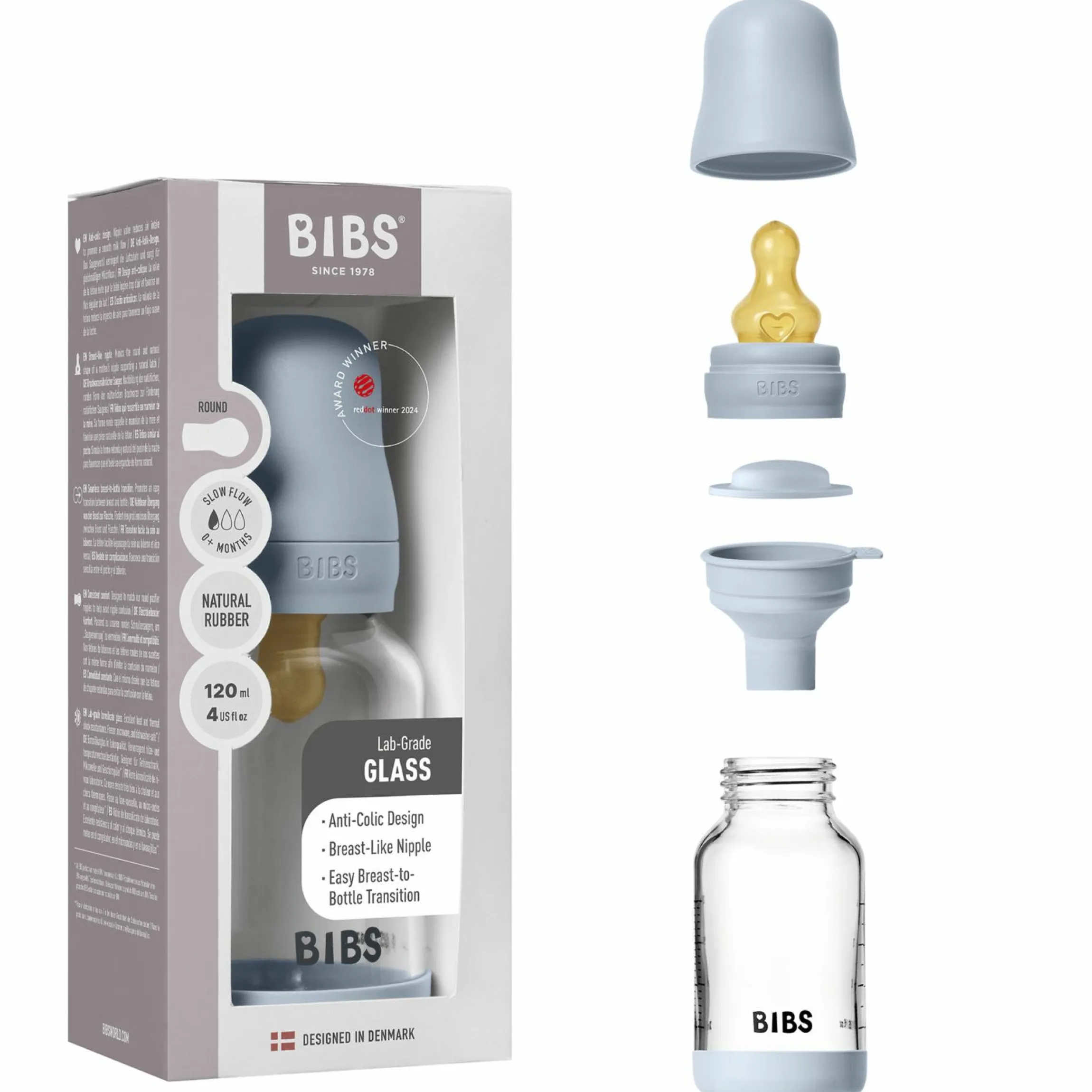 Glas-Flasche 2er Pack Baby Bottle Round 120 ml + Latex-Trinksauger - Baby Blue