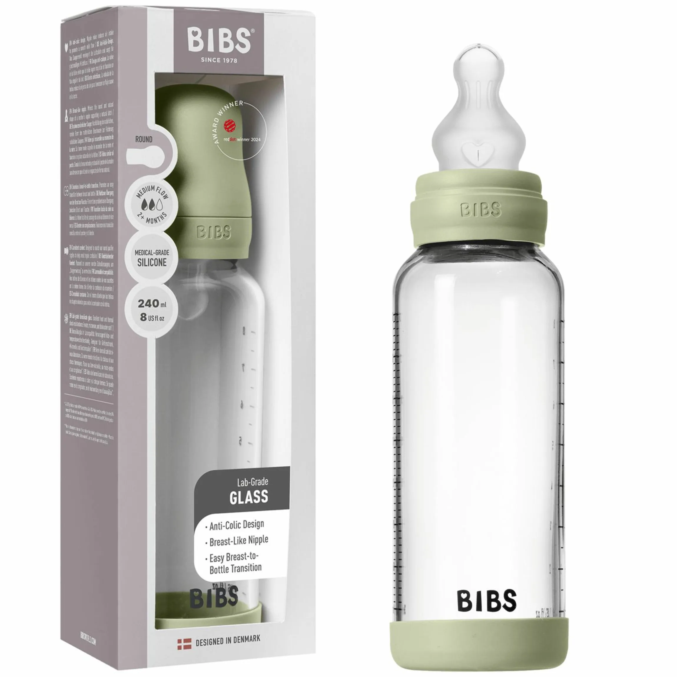Glas-Flasche 2er Pack Baby Bottle Round 240 ml + Silikon-Trinksauger - Sage