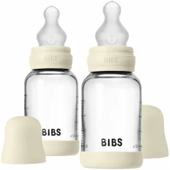 Glas-Flasche 2er Pack Baby Bottle Round 120 ml + Silikon-Trinksauger - Ivory