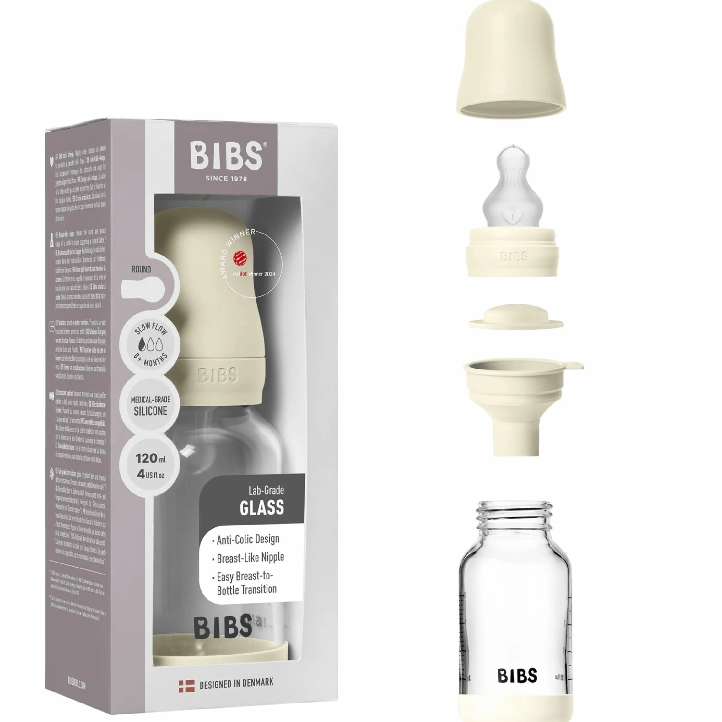 Glas-Flasche 2er Pack Baby Bottle Round 120 ml + Silikon-Trinksauger - Ivory