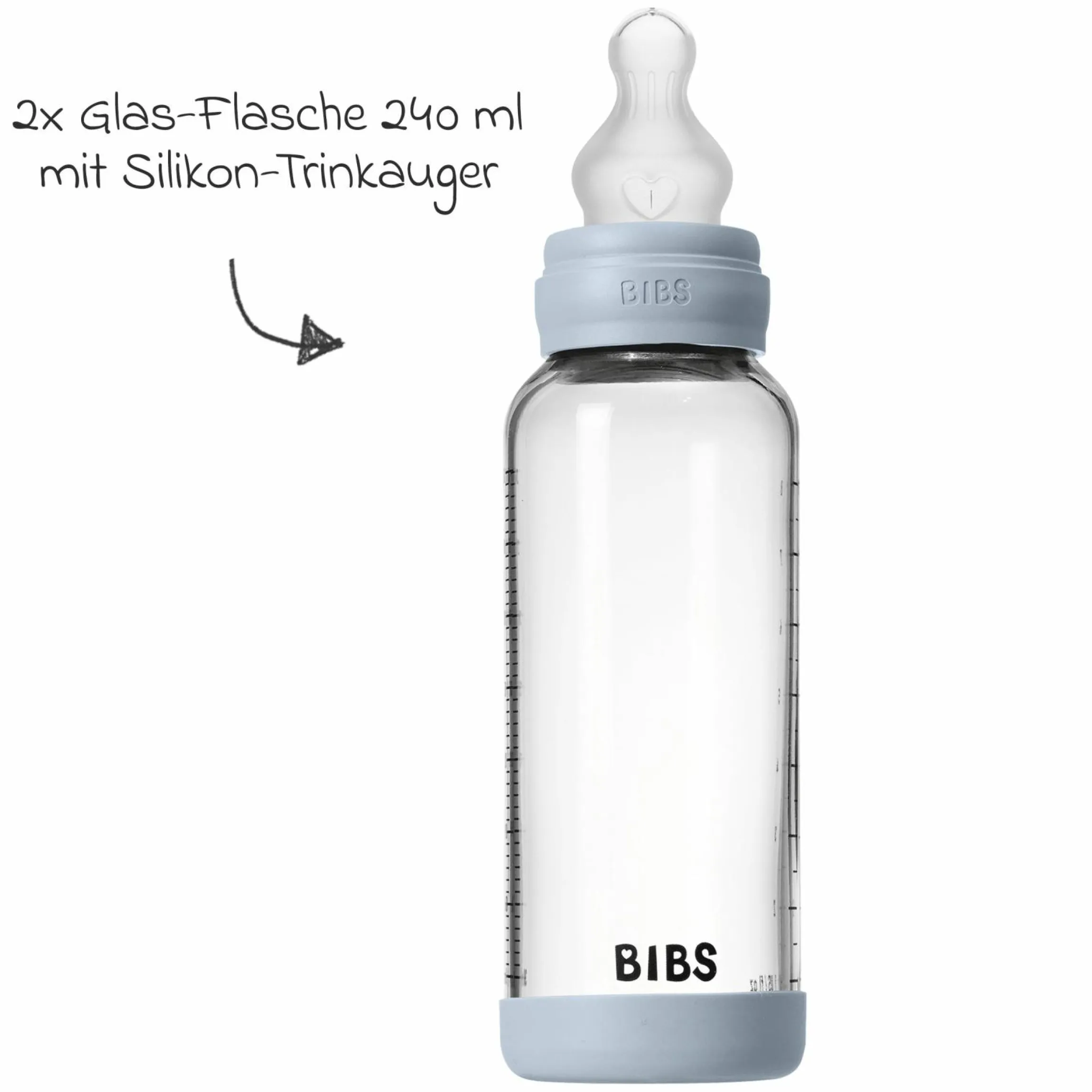 Glas-Flasche 2er Pack Baby Bottle Round 240 ml + Silikon-Trinksauger - Baby Blue