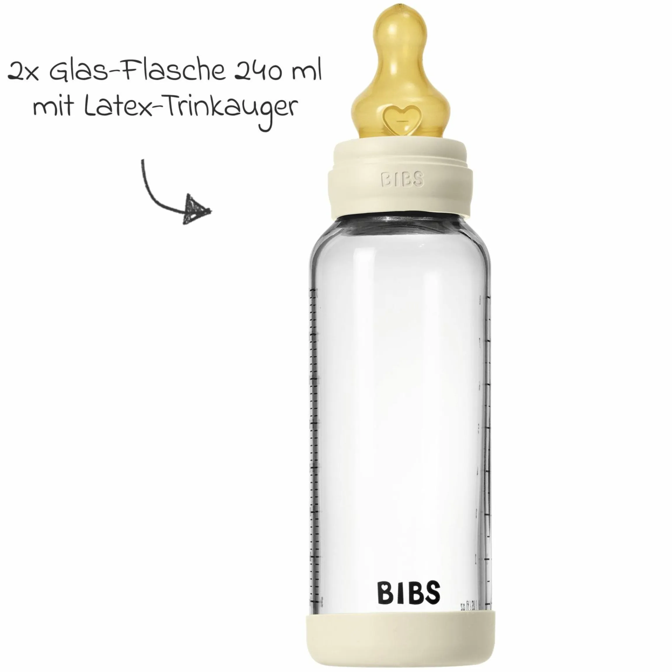 Glas-Flasche 2er Pack Baby Bottle Round 240 ml + Latex-Trinksauger - Ivory