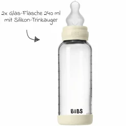 Glas-Flasche 2er Pack Baby Bottle Round 240 ml + Silikon-Trinksauger - Ivory