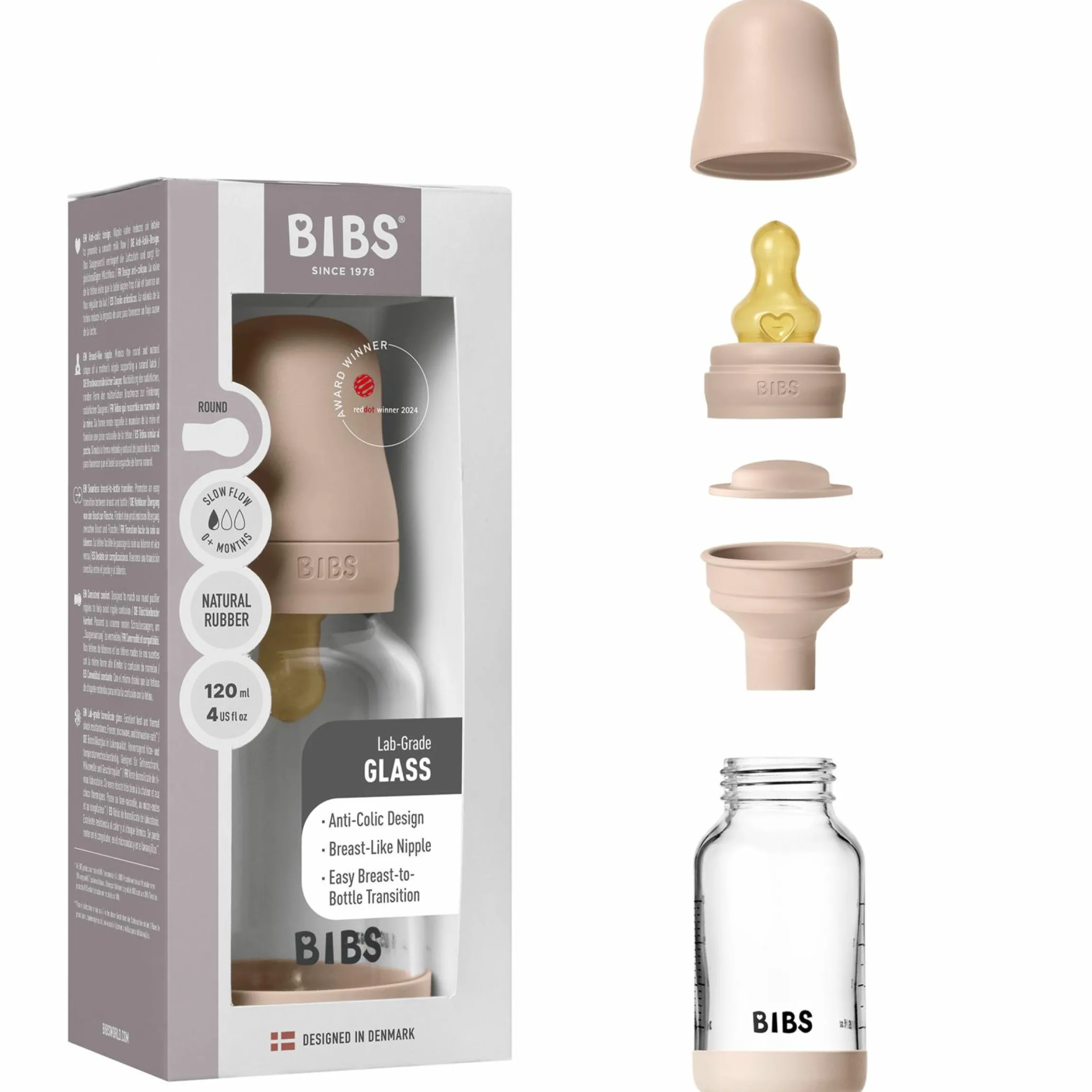 Glas-Flasche 2er Pack Baby Bottle Round 120 ml + Latex-Trinksauger - Blush
