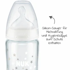 Glas-Flasche 3er Pack First Choice Plus 240 ml + Silikon-Sauger Gr. 1 M - Temperature Control + GRATIS Flaschenbürste - Sterne