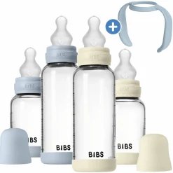 Glas-Flasche 4er Pack mit Griff Baby Bottle Round 120 ml & 240 ml + Silikon-Trinksauger + Baby Bottle Handle - Ivory / Baby Blue