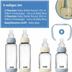 Glas-Flasche 4er Pack mit Griff Baby Bottle Round 120 ml & 240 ml + Silikon-Trinksauger + Baby Bottle Handle - Ivory / Baby Blue