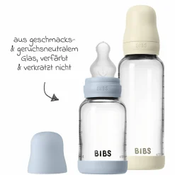 Glas-Flasche 4er Pack mit Griff Baby Bottle Round 120 ml & 240 ml + Silikon-Trinksauger + Baby Bottle Handle - Ivory / Baby Blue