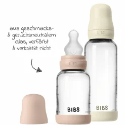 Glas-Flasche 4er Pack mit Griff Baby Bottle Round 120 ml & 240 ml + Silikon-Trinksauger + Baby Bottle Handle - Ivory / Blush