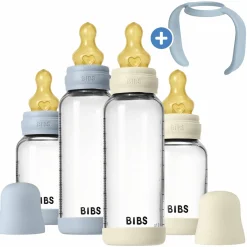 Glas-Flasche 4er Pack mit Griff Baby Bottle Round 120 ml & 240 ml + Latex-Trinksauger + Baby Bottle Handle - Ivory / Baby Blue