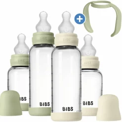 Glas-Flasche 4er Pack mit Griff Baby Bottle Round 120 ml & 240 ml + Silikon-Trinksauger + Baby Bottle Handle - Ivory / Sage