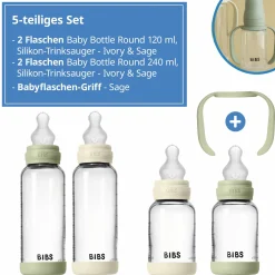 Glas-Flasche 4er Pack mit Griff Baby Bottle Round 120 ml & 240 ml + Silikon-Trinksauger + Baby Bottle Handle - Ivory / Sage