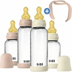 Glas-Flasche 4er Pack mit Griff Baby Bottle Round 120 ml & 240 ml + Latex-Trinksauger + Baby Bottle Handle - Ivory / Blush
