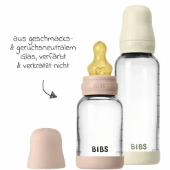 Glas-Flasche 4er Pack mit Griff Baby Bottle Round 120 ml & 240 ml + Latex-Trinksauger + Baby Bottle Handle - Ivory / Blush