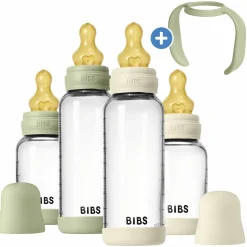 Glas-Flasche 4er Pack mit Griff Baby Bottle Round 120 ml & 240 ml + Latex-Trinksauger + Baby Bottle Handle - Ivory / Sage